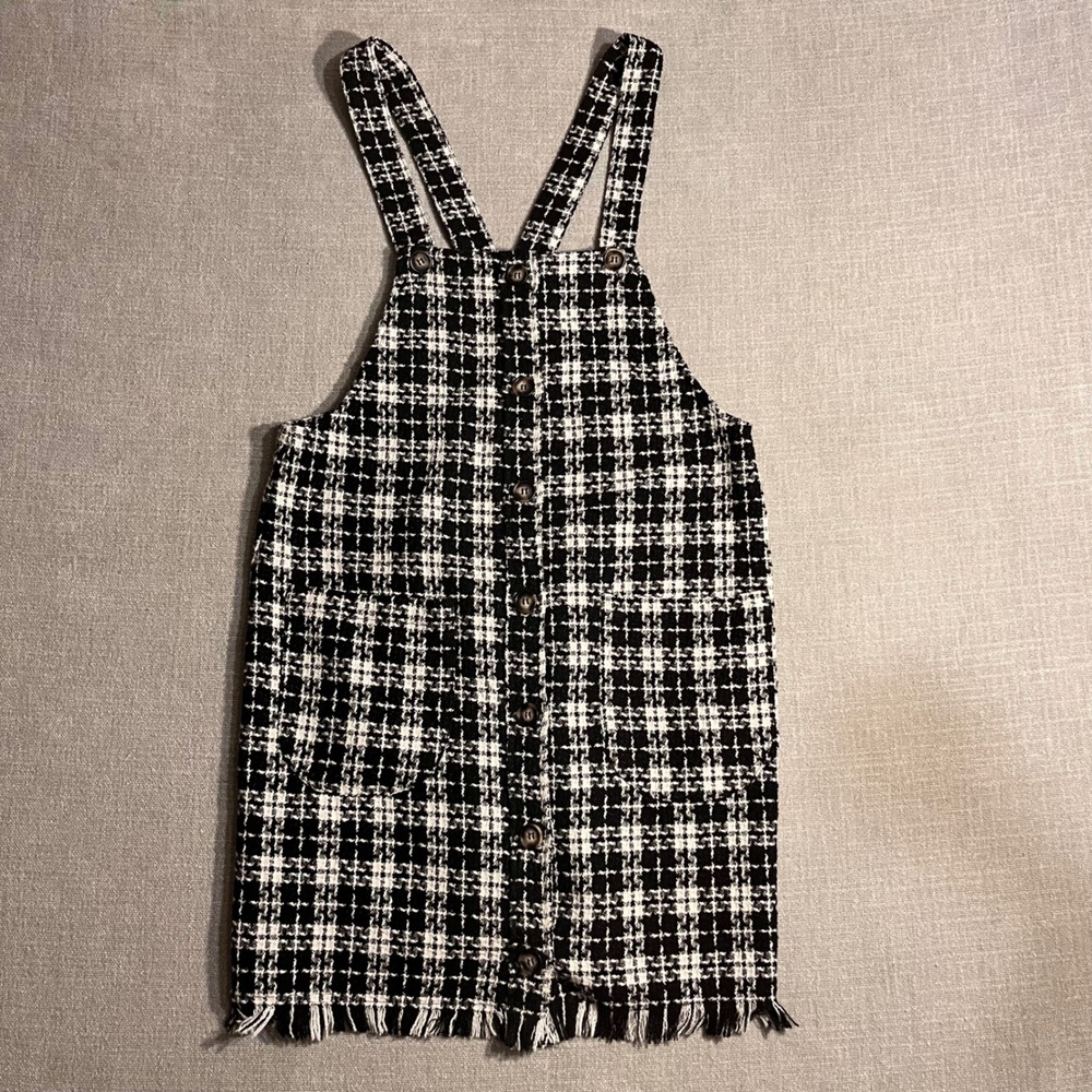 KORI Black White Plaid Tweed Fringe Overall Mini‎ Dress Size Large